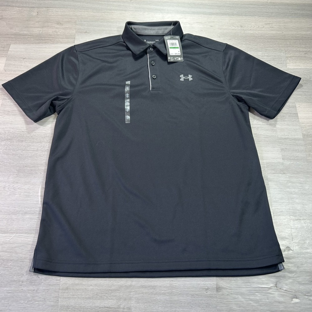 Under Armour Tech Polo Shirt Mens Large Black Solid Loose Fit Golf Performance